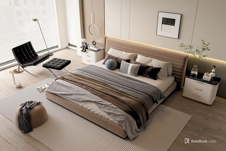 Modern Double Bed With Upholstered Headboard Decorative Pillows Throw Blanket And Nightstand In Bedroom Interior 3d model 