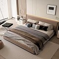 Modern Double Bed With Upholstered Headboard Decorative Pillows Throw Blanket And Nightstand In Bedroom Interior