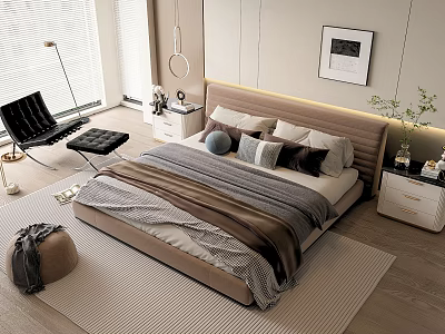 Modern Double Bed With Upholstered Headboard Decorative Pillows Throw Blanket And Nightstand In Bedroom Interior 3d model