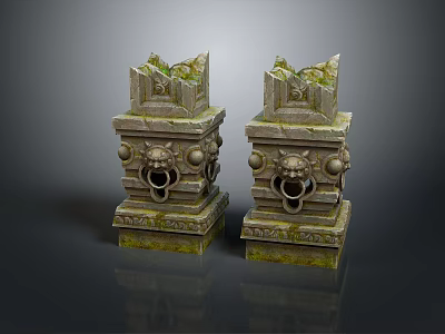 Scenic View Of Ancient Stone Pillars With Lion Head Decorations Covered In Moss 3d model