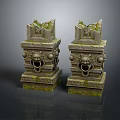 Scenic View Of Ancient Stone Pillars With Lion Head Decorations Covered In Moss
