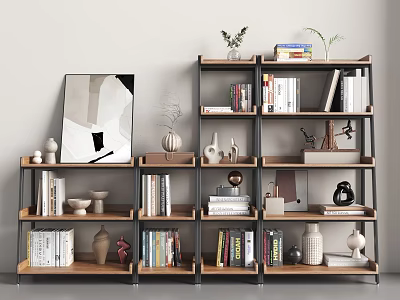 Modern Wooden Shelving Unit With Books Decorative Items And Potted Plants 3d model