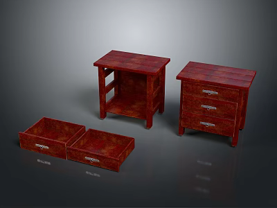 Red Wooden Bedside Tables With Drawers Shelves And Functional Storage Design 3d model