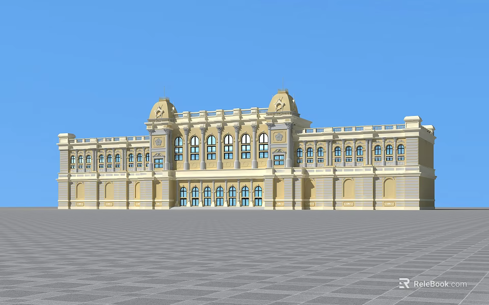 Classical Style Commercial Complex With Yellow Facade Ornate Domes And Open Plaza 3d model