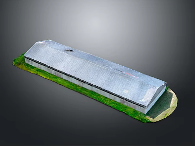 Long Industrial Building With Metal Roof Surrounded By Green Grass 3d model
