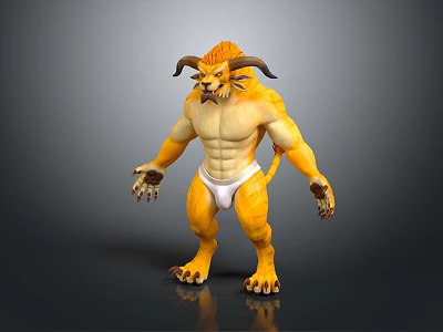 Game Movie Character with Horns Lion Head Muscular Yellow Body and Claws Standing Pose 3d model