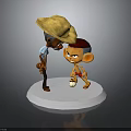 Cartoon Characters With Straw Hat And Small Figure Standing On White Base