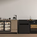 Modern Kitchen Interior Design With Wooden Glass Door Cabinets Oven Storage And Kitchenware