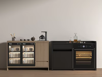 Modern Kitchen Interior Design With Wooden Glass Door Cabinets Oven Storage And Kitchenware 3d model