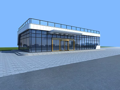 Modern Single Story Building With Glass Facade Golden Doors Rooftop Railings And Paved Courtyard 3d model