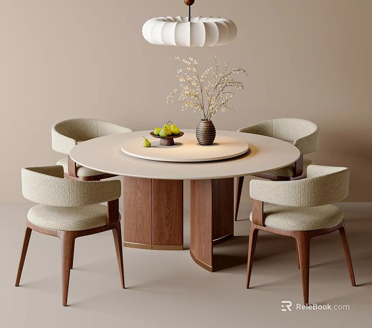 Modern Round Dining Table and Beige Upholstered Chairs Set With Walnut Legs and Decorative Vase 3d model 