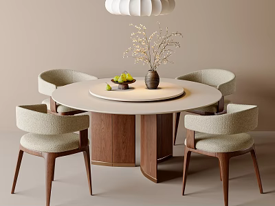 Modern Round Dining Table and Beige Upholstered Chairs Set With Walnut Legs and Decorative Vase 3d model