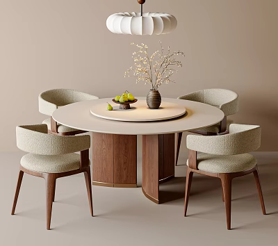 Modern Round Dining Table and Beige Upholstered Chairs Set With Walnut Legs and Decorative Vase 3d model