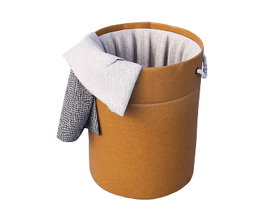 Brown Fabric Storage Basket with Gray Lining and Cloth on the Side 3d model