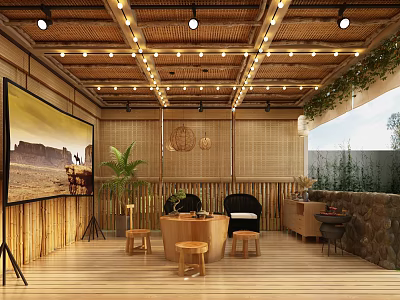 Natural Lounge Room With Bamboo Decor Projector Lighting And Plants 3d model