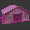Rustic Wooden Barn Featuring White Roof Open Doorway And Crates Inside On Grass Dirt Base