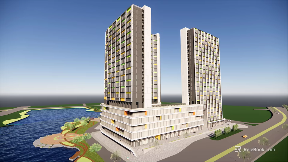 Modern Twin High Rise Office Building With Waterfront And Green Area 3d model 