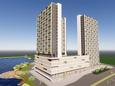 Modern Twin High Rise Office Building With Waterfront And Green Area 3d model