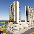 Modern Twin High Rise Office Building With Waterfront And Green Area