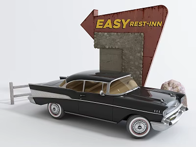 Vintage Black Classic Car Parked Near Easy Rest Inn Red Road Sign 3d model