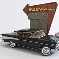 Vintage Black Classic Car Parked Near Easy Rest Inn Red Road Sign