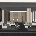 Modern Hotel Public Lounge With Sofas Coffee Tables Bookshelves And Floor To Ceiling Windows