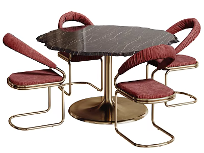 Round Black Marble Dining Table with Red Upholstered Chairs and Gold Metal Frame 3d model