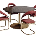 Round Black Marble Dining Table with Red Upholstered Chairs and Gold Metal Frame