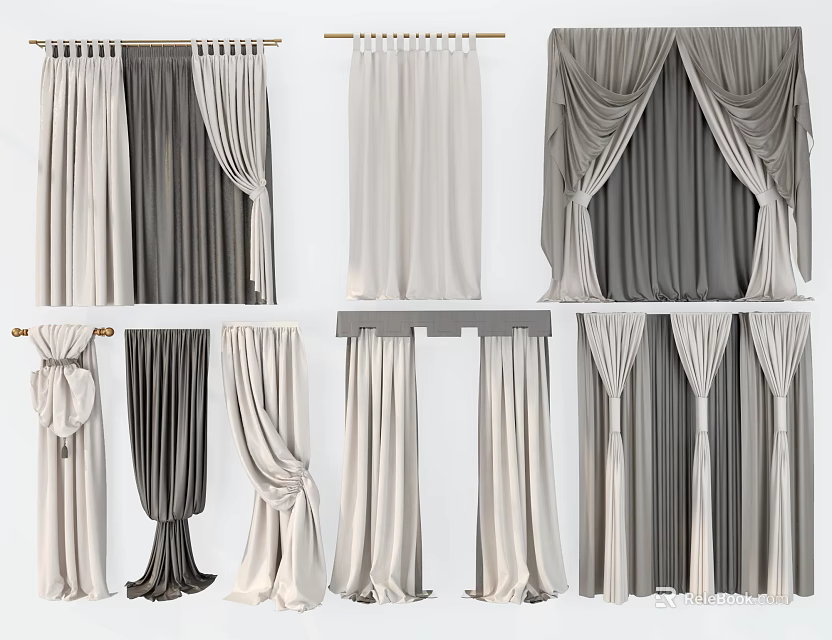 Various Elegant Curtain Styles In Neutral Gray And Beige For Home Decoration 3d model 