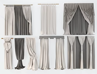 Various Elegant Curtain Styles In Neutral Gray And Beige For Home Decoration 3d model