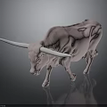Pink Bull with Long White Horns Standing on Black Background with Reflection