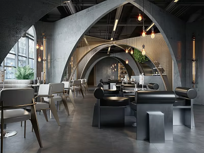 Modern Café Arched Architecture Gray Walls Hanging Lamps Green Plants Tables Chairs In Open Space 3d model