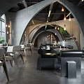 Modern Café Arched Architecture Gray Walls Hanging Lamps Green Plants Tables Chairs In Open Space