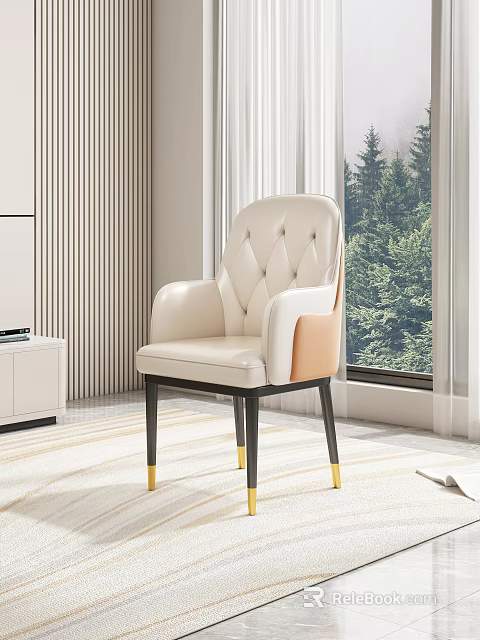 Beige Tan Leather Leisure Chair With Diamond Tufted Armrest Black Gold Legs In Modern Interior By Window 3d model 