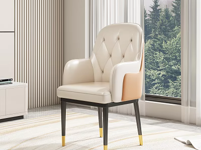 Beige Tan Leather Leisure Chair With Diamond Tufted Armrest Black Gold Legs In Modern Interior By Window 3d model