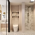 Modern Bathroom Interior With Patterned Walls And Shower Area 3d model