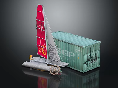 Modern Water Transport Vessel Featuring Red Sail Green Container And Graffiti Art 3d model