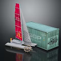 Modern Water Transport Vessel Featuring Red Sail Green Container And Graffiti Art