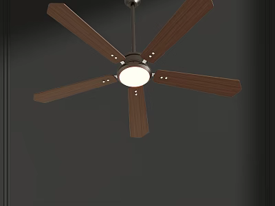 Modern Ceiling Light With Wooden Blades And White Light In Dark Room Interior 3d model
