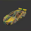 Yellow Sports Car With Green Stripes Brown Seats Rear Wing Open Top