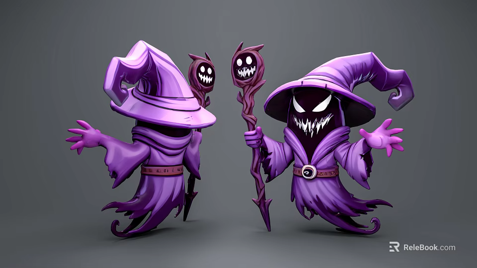 Purple Game Anime Character With Wizard Hat Robe Sharp Teeth And Smiling Staff Claws 3d model 