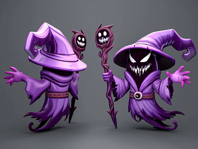 Purple Game Anime Character With Wizard Hat Robe Sharp Teeth And Smiling Staff Claws 3d model