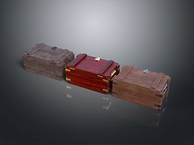 Three Wooden Storage Trunks In Brown Red And Natural Tones For Home Organization 3d model