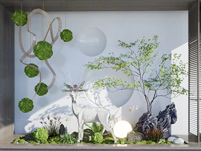 Tranquil Indoor Landscape Design With Hanging Green Spheres Deer Sculpture Small Tree And Round Lamp 3d model