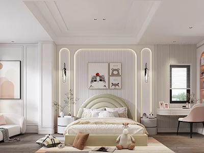 Kids Room Interior Design With Cozy Bed Stuffed Toy Decorative Paintings And Wall Lamps 3d model
