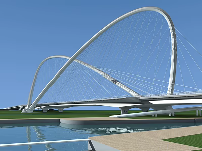 Modern White Arch Bridge With Cable Stayed Structure Over Calm Water And Blue Sky 3d model