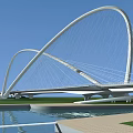 Modern White Arch Bridge With Cable Stayed Structure Over Calm Water And Blue Sky 3d model