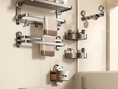 Modern Bathroom Set With Wall Mounted Towel Racks Shelves And Toiletries Holders 3d model
