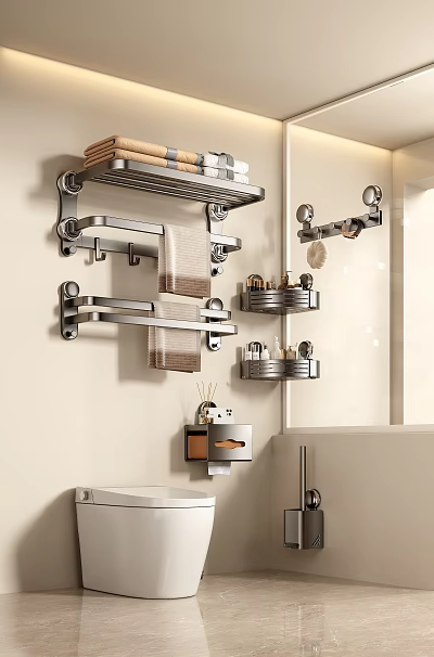 Modern Bathroom Set With Wall Mounted Towel Racks Shelves And Toiletries Holders 3d model