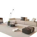 Modern Beige L Shaped Sofa and Round Coffee Table Set with Decorative Pillows Floor Lamp